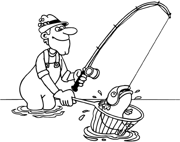 Man netting a fish vinyl sticker.  Customize on line. Fishing 038-0144